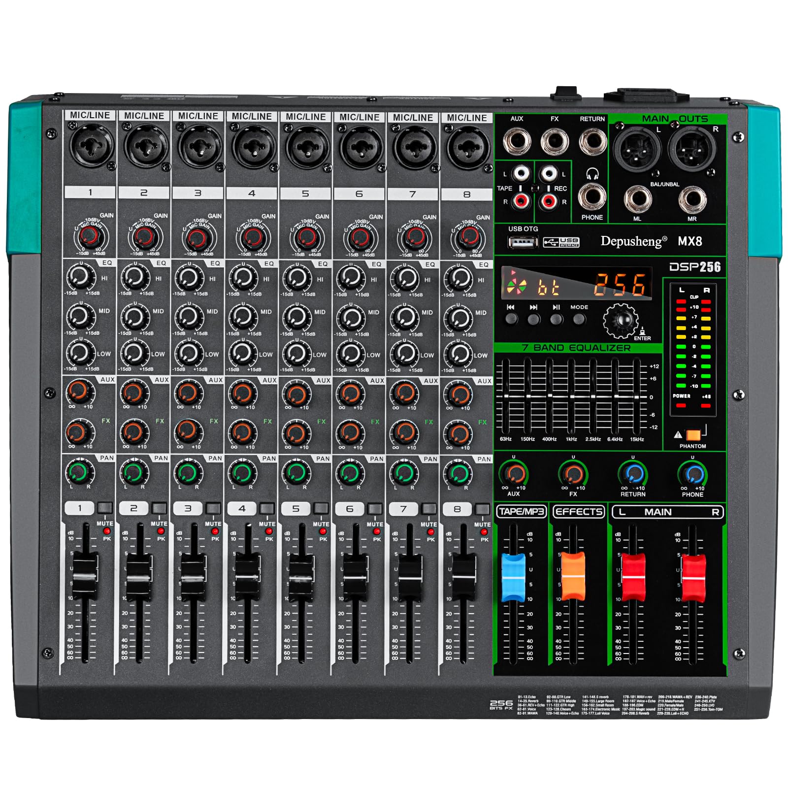 美品元箱入りDepusheng MX8 アナログミキサーエフェクト付きです。 Depusheng MX8 8 Channel Sound Mixer Audio Mixing Console 48V